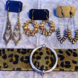 Brass Earrings & Leopard Bracelet Set